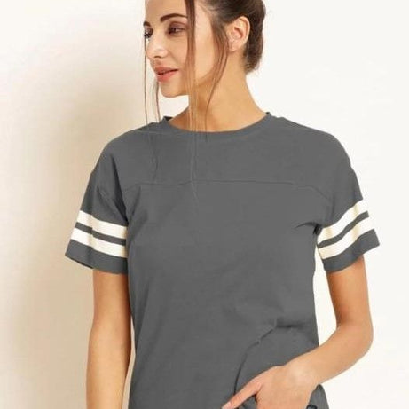 Double Stripes Half Sleeve Round Neck Grey T-Shirt For Women - Oshi.pk - Buy & Sell Online