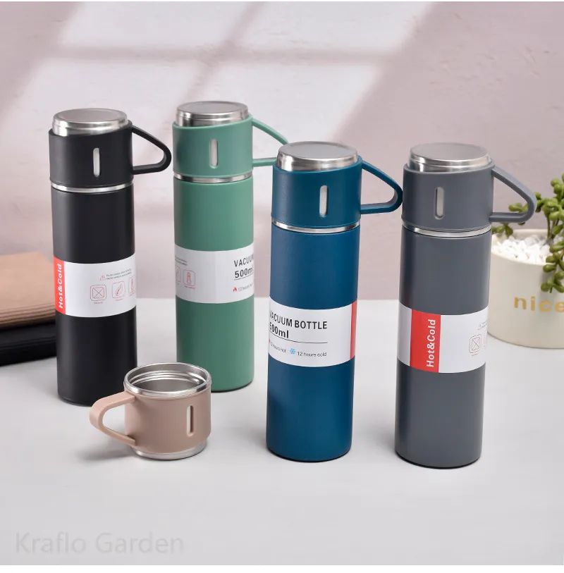 Double Stainless Steel 500ML Water bottles 3 In 1 set of Thermos Mug Leak Proof Travel Flasks Cup Cup for Tea Water Coffee Thermos Caffe Gift Box - Oshi.pk - Buy & Sell Online