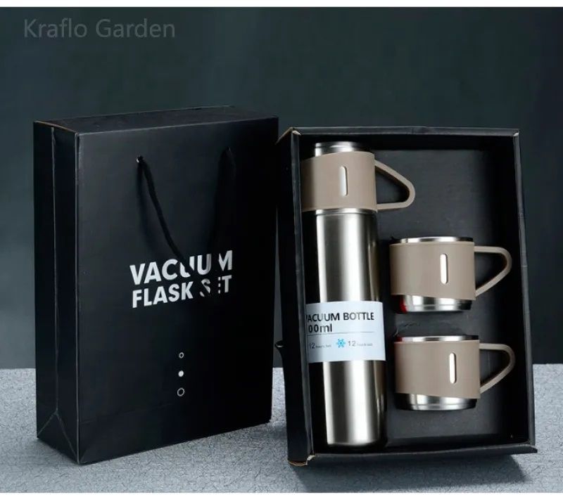 Double Stainless Steel 500ML Water bottles 3 In 1 set of Thermos Mug Leak Proof Travel Flasks Cup Cup for Tea Water Coffee Thermos Caffe Gift Box - Oshi.pk - Buy & Sell Online