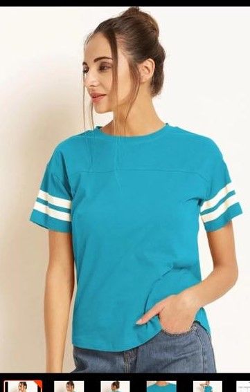 Double Stripes Half Sleeve Round Neck Blue T-Shirt For Women - Oshi.pk - Buy & Sell Online