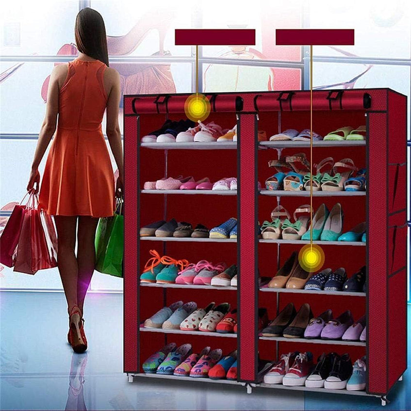 Dustproof Fabric Shoe Cabinet Rack Organizer Cabinet Closet Closet with Double Door Cover Shoes Cabinet for Home Red 7 Layers 12 Lattices (Wine Red) - Oshi.pk - Buy & Sell Online