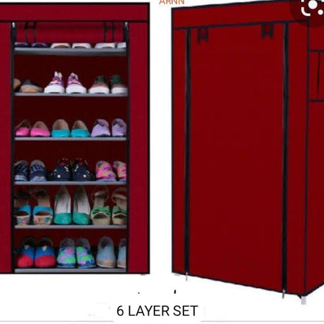 Dustproof Fabric Shoe Cabinet Rack Organizer Cabinet Closet Closet with Double Door Cover Shoes Cabinet for Home Red 7 Layers 12 Lattices (Wine Red) - Oshi.pk - Buy & Sell Online