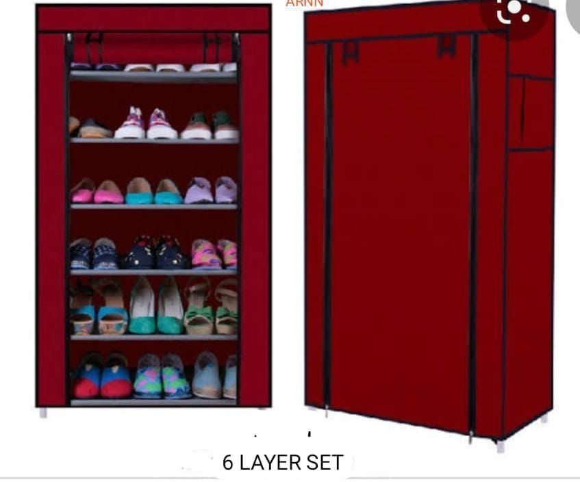 Dustproof Fabric Shoe Cabinet Rack Organizer Cabinet Closet Closet with Double Door Cover Shoes Cabinet for Home Red 7 Layers 12 Lattices (Wine Red) - Oshi.pk - Buy & Sell Online