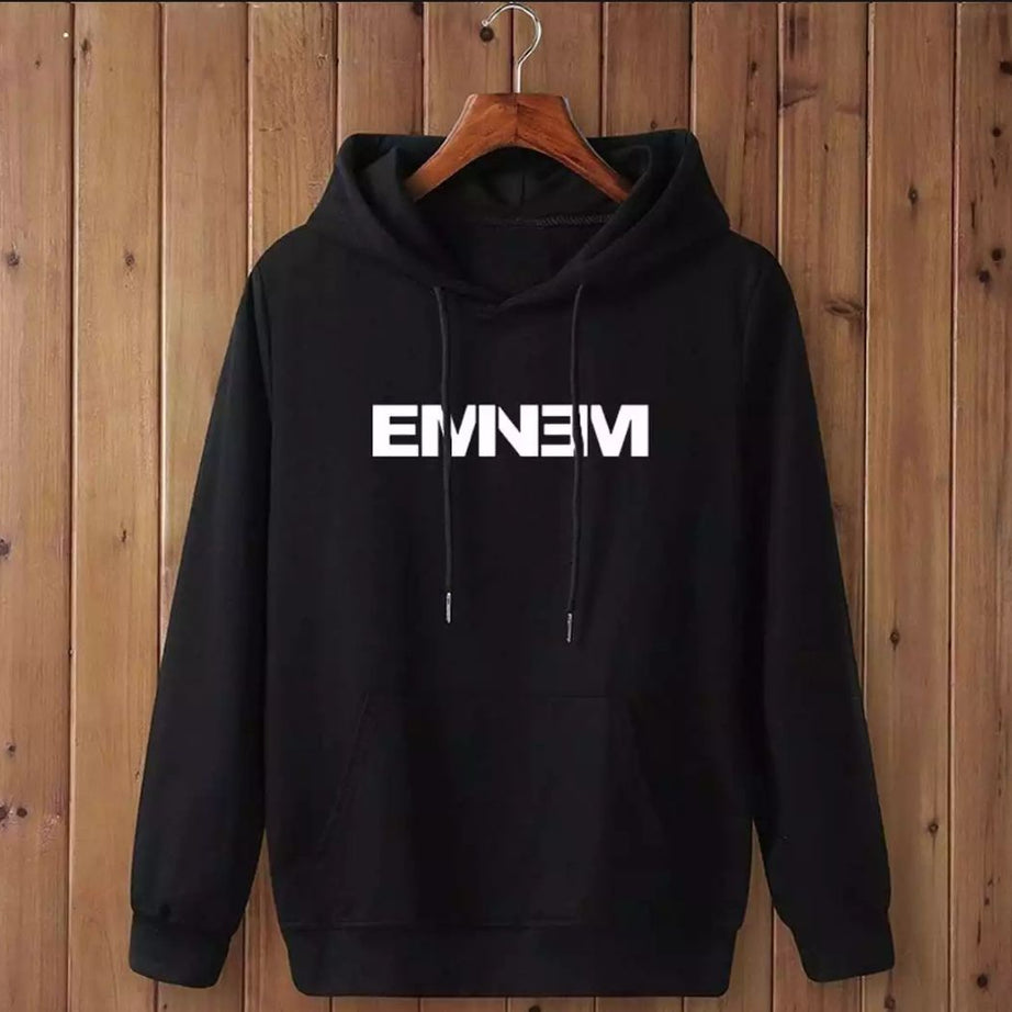 enenim Printed Fleece Pull Over Black  Hoodie