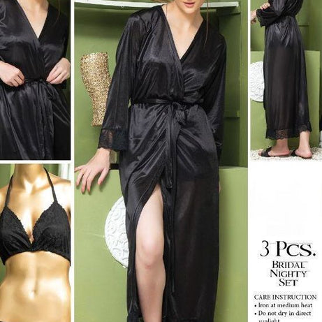 Bridal Silk 3Pcs Nighty Black Color - Oshi.pk - Buy & Sell Online