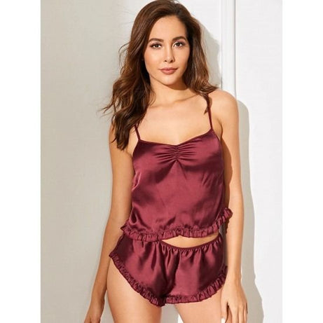 Maroon Frill Trim Cami And Shorts Set For Women - Oshi.pk - Buy & Sell Online