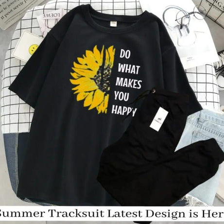 Flower Printed Summer Tracksuit For Women & Girls Half Sleeve Black T-shirt & Black Trouser - Oshi.pk - Buy & Sell Online