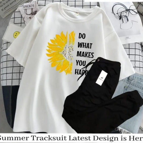 Flower Printed Summer Tracksuit For Women & Girls Half Sleeve White T-shirt & Black Trouser - Oshi.pk - Buy & Sell Online