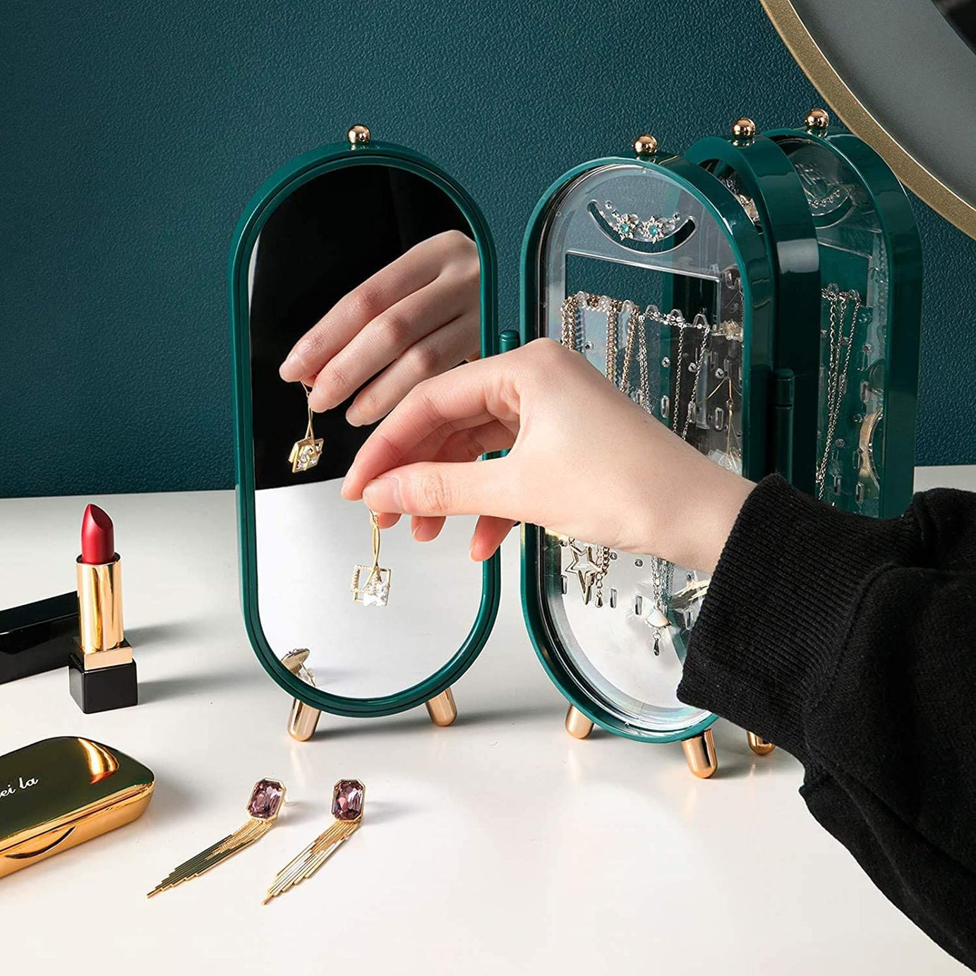 Foldable Jewellery Box Organizers With Mirror | Ear Ring Hanging Holder | Earringgs Hanger Stand Low Price | New Gift For Girls - Oshi.pk - Buy & Sell Online