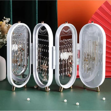 Foldable Jewelry Organizer With Mirror Earrings and Necklace Hanging Holder Beautiful Dustproof Display Jewellery Box - Oshi.pk - Buy & Sell Online