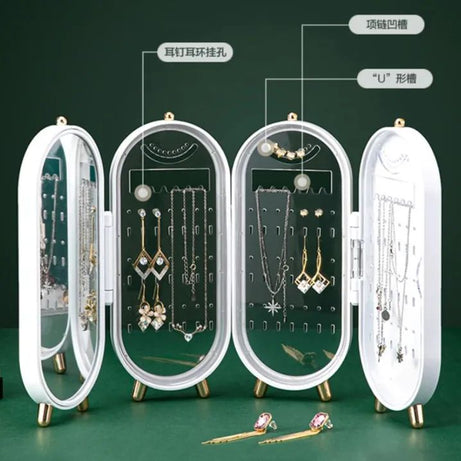 Foldable Jewelry Organizer With Mirror Earrings and Necklace Hanging Holder Beautiful Dustproof Display Jewellery Box - Oshi.pk - Buy & Sell Online