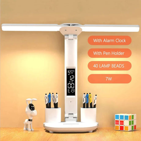 Foldable LED Desk Lamp with Clock, Calendar, and Pen Holder - Multifunction Table Lamp for Bedroom and Home Office