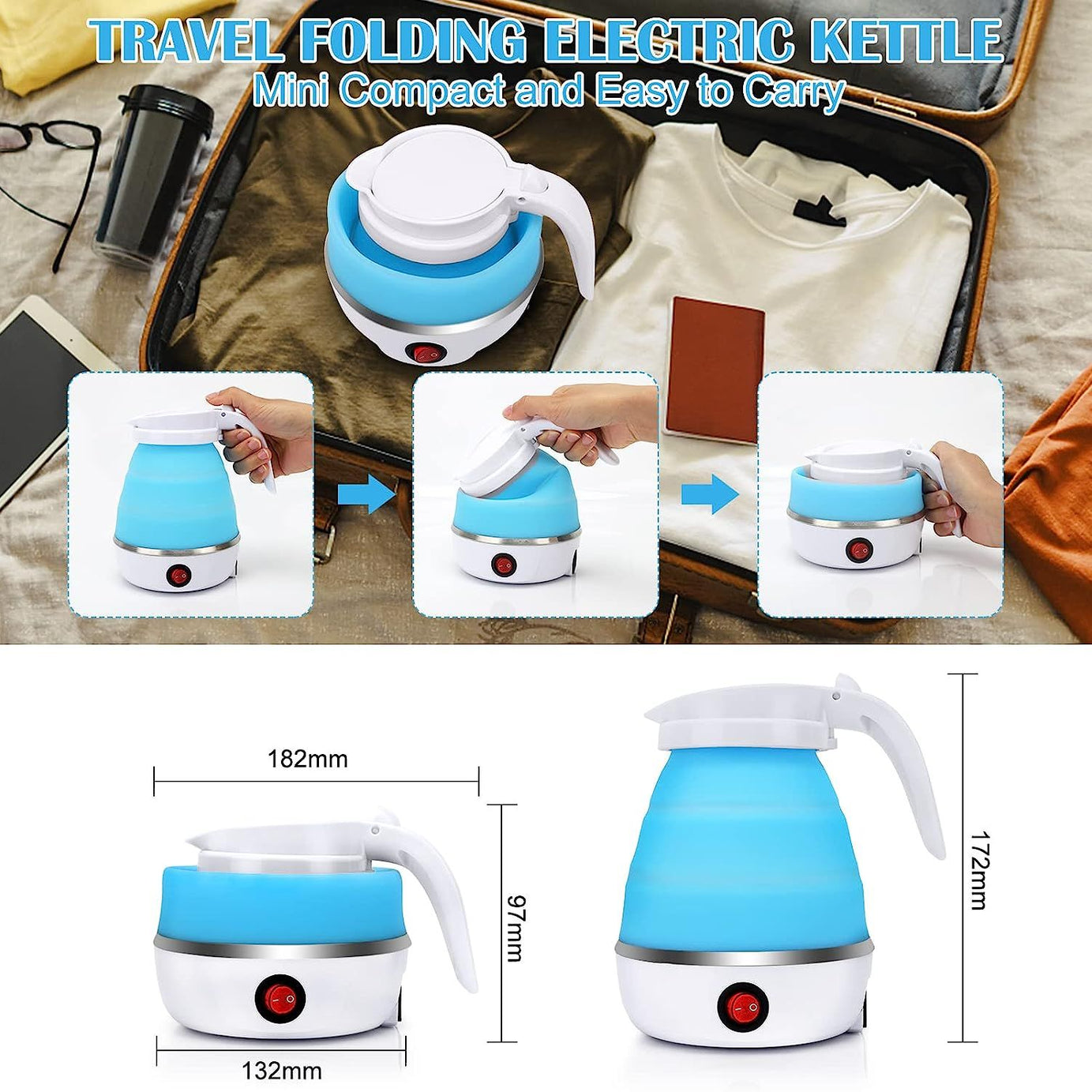 Foldable Silicone Kettle with Stainless Steel Bottom Travel Kettle Mini Portable Kettle 600W 600ml for Outdoor Hiking Survival Holiday - Oshi.pk - Buy & Sell Online