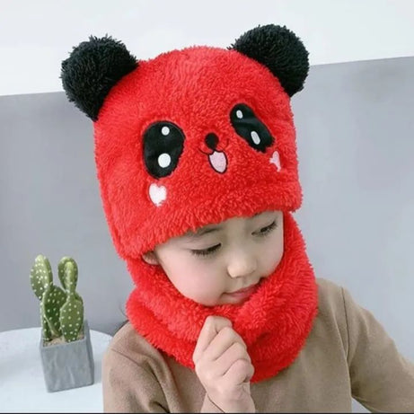 Girls Boys Winter Hat scarf One Piece Cute Warm Ear and neck Protection Winter Warm Fleece Cute Cartoon Panda Hats Windproof - Oshi.pk - Buy & Sell Online