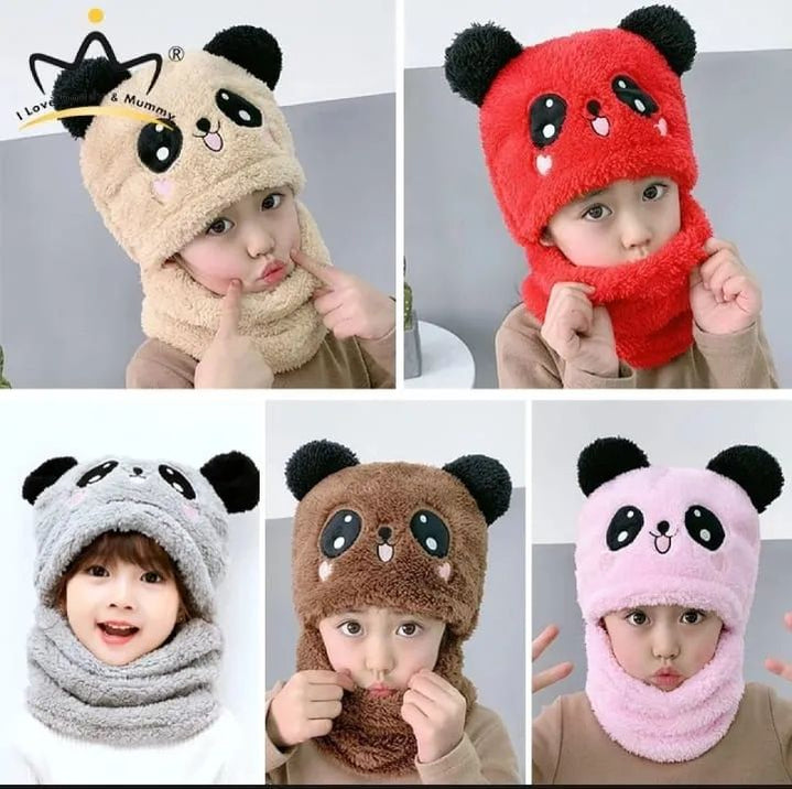 Girls Boys Winter Hat scarf One Piece Cute Warm Ear and neck Protection Winter Warm Fleece Cute Cartoon Panda Hats Windproof - Oshi.pk - Buy & Sell Online