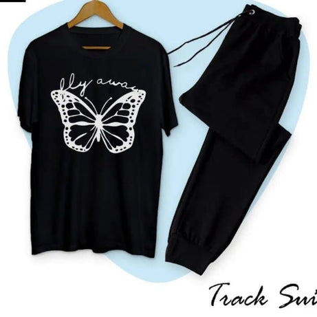 Girls Fashion Fly Away Butterfly Fashion Printed Cotton Fabric Black T-Shirt & Black Trouser for Tracksuit for Girls & Women