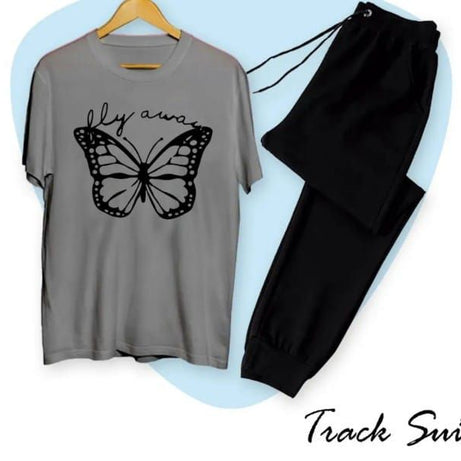 Girls Fashion Fly Away Butterfly Fashion Printed Cotton Fabric Grey T-Shirt & Black Trouser for Tracksuit for Girls & Women - Oshi.pk - Buy & Sell Online