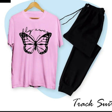 Girls Fashion Fly Away Butterfly Fashion Printed Cotton Fabric Pink T-Shirt & Black Trouser for Tracksuit for Girls & Women