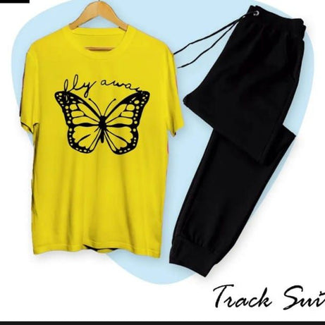 Girls Fashion Fly Away Butterfly Fashion Printed Cotton Fabric Yellow T-Shirt & Black Trouser for Tracksuit for Girls & Women