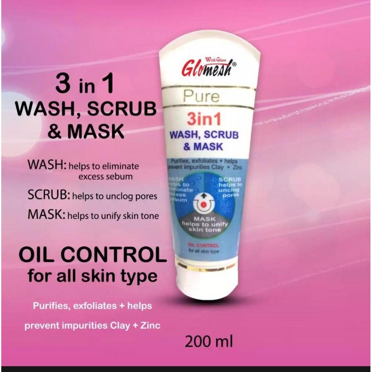 GLOMESH 3 IN 1 WASH SCRUB & MASK FOR ALL SKIN TYPE - 200ML - Oshi.pk - Buy & Sell Online