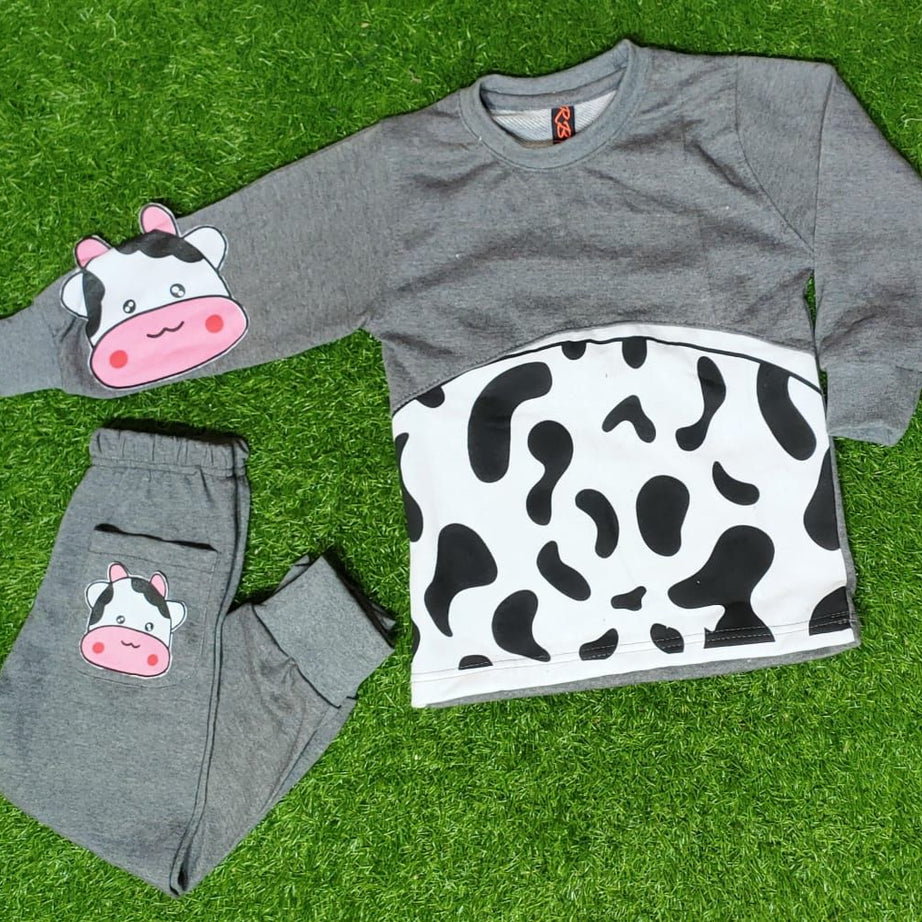 Grey And White Cow Print Sweatshirt With Trouser Tracksuit For Kids - Oshi.pk - Buy & Sell Online