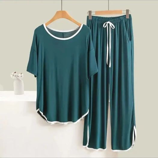 Green With White Round Neck Stripe With Plazzo Pajama Half Sleeves Home Wear - Oshi.pk - Buy & Sell Online