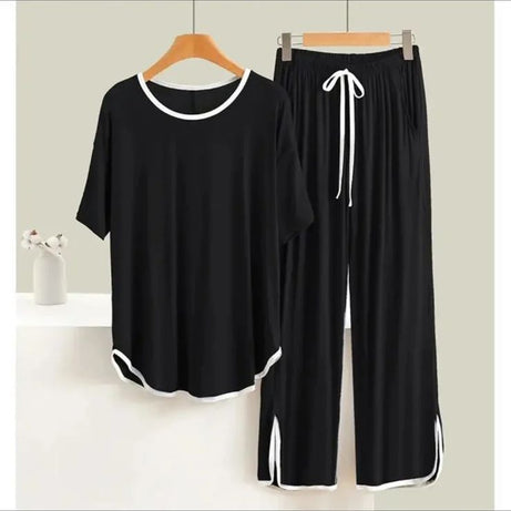 Black With White Round Neck Stripe With Plazzo Pajama Half Sleeves Home Wear - Oshi.pk - Buy & Sell Online