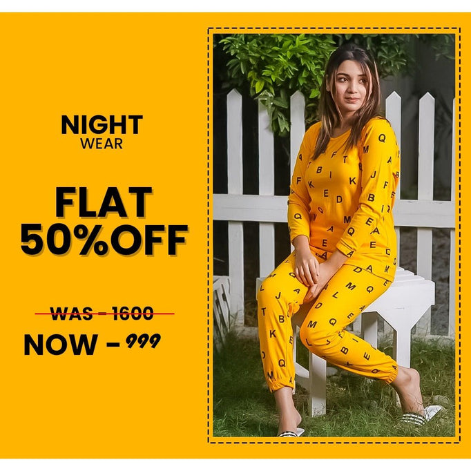 Yellow Alphabets Print Full sleeves night suit for her - Oshi.pk - Buy & Sell Online