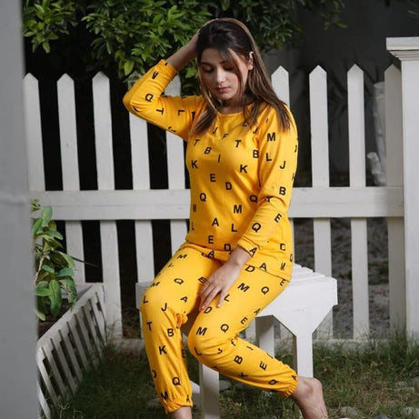 Yellow Alphabets Print Full sleeves night suit for her