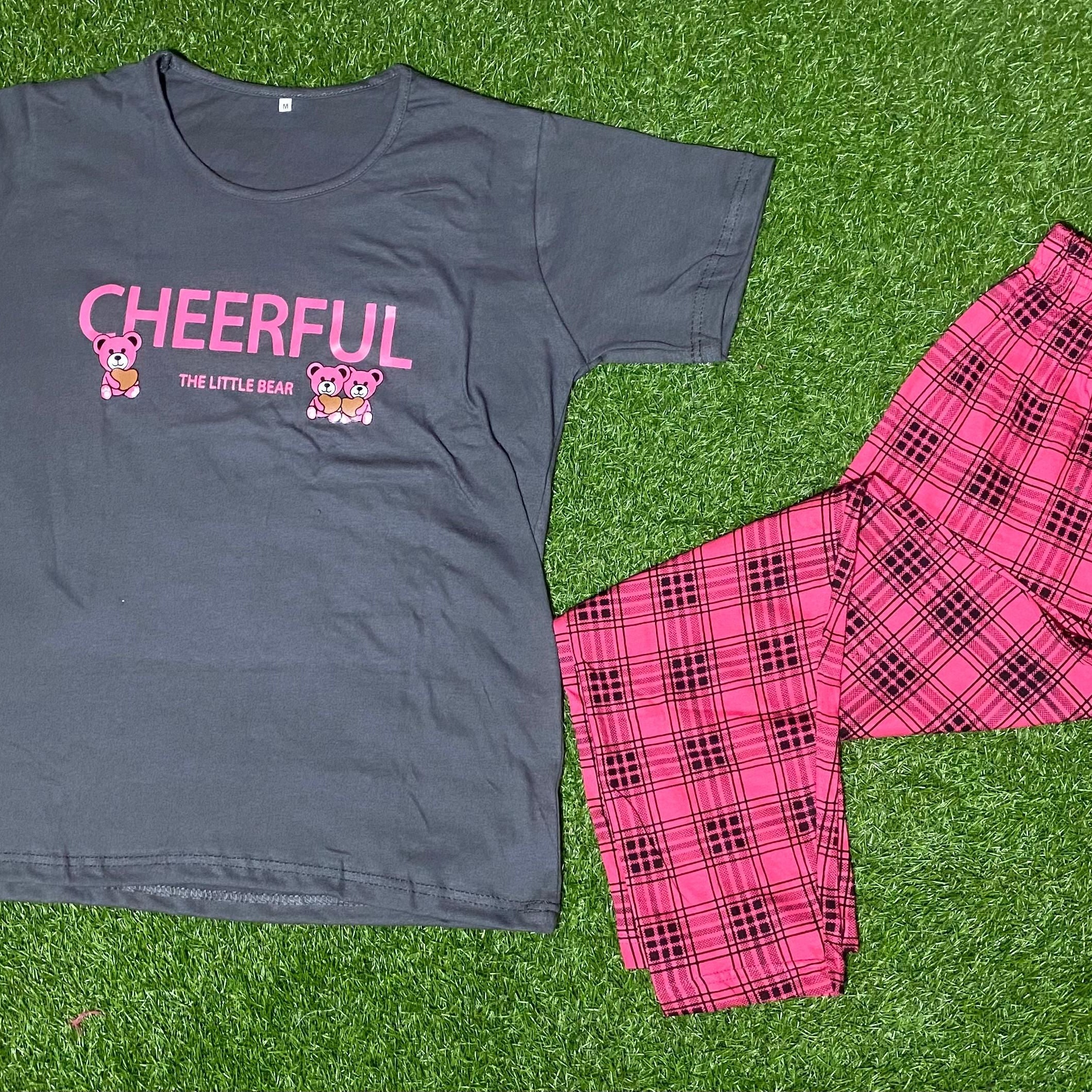 Grey Cheer full Printed Half Sleeves Tshirt and Checkered Pajama Home Wear - Oshi.pk - Buy & Sell Online