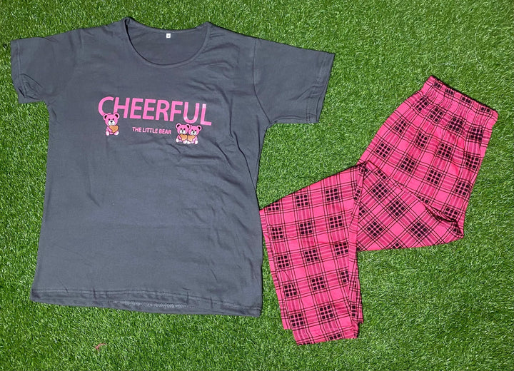 Grey Cheer full Printed Half Sleeves Tshirt and Checkered Pajama Home Wear - Oshi.pk - Buy & Sell Online