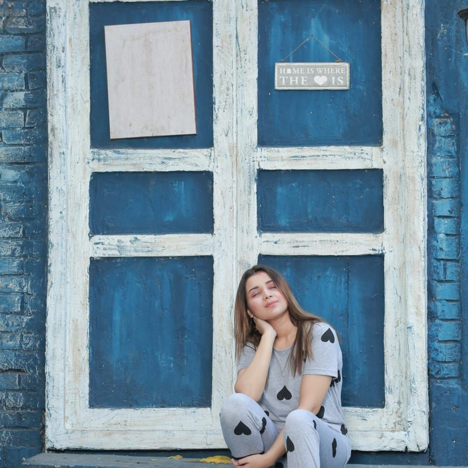 Grey Hearts Printed Half Sleeves Tshirt Trouser Night Dress For Her - Oshi.pk - Buy & Sell Online