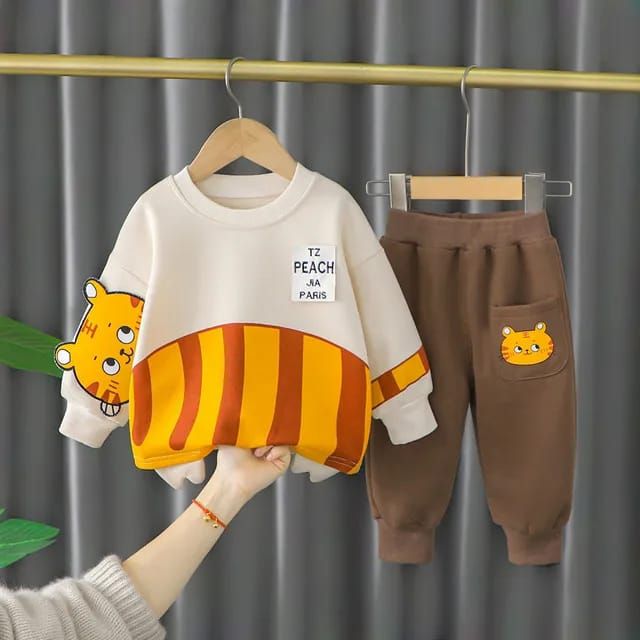 Off White Cat Print Sweatshirt With Trouser Tracksuit For Kids