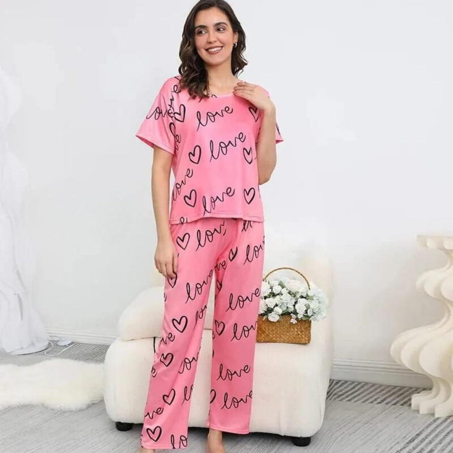 Pink Love Printed Half Sleeves Tshirt and Pajama Home Wear - Oshi.pk - Buy & Sell Online