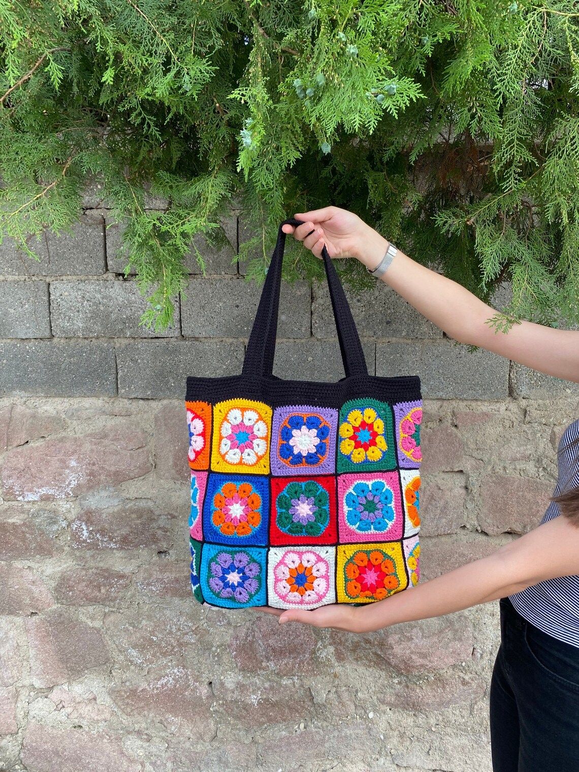 Handcrafted Black Crochet Bag For Women - Stylish Granny Square Crochet Bag - Handmade Crochet Bags For Girls - Oshi.pk - Buy & Sell Online