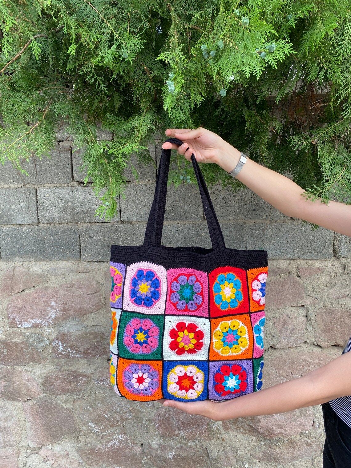 Handcrafted Black Crochet Bag For Women - Stylish Granny Square Crochet Bag - Handmade Crochet Bags For Girls - Oshi.pk - Buy & Sell Online