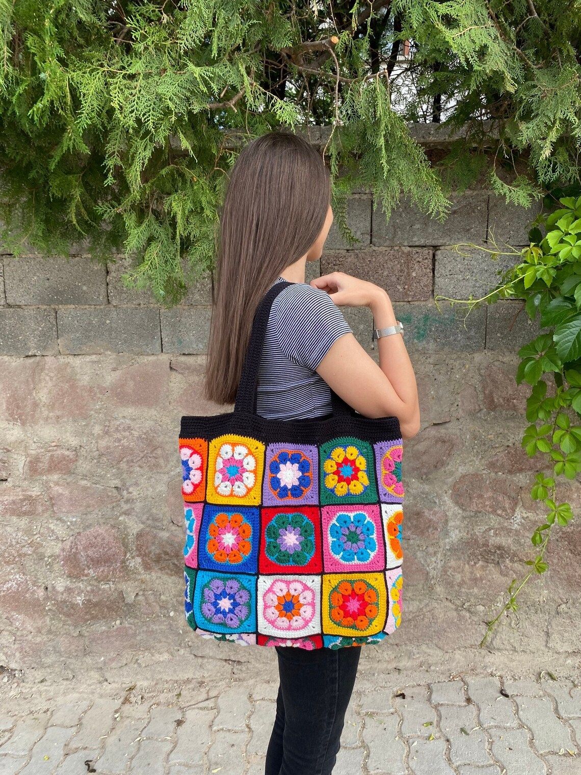 Handcrafted Black Crochet Bag For Women - Stylish Granny Square Crochet Bag - Handmade Crochet Bags For Girls - Oshi.pk - Buy & Sell Online