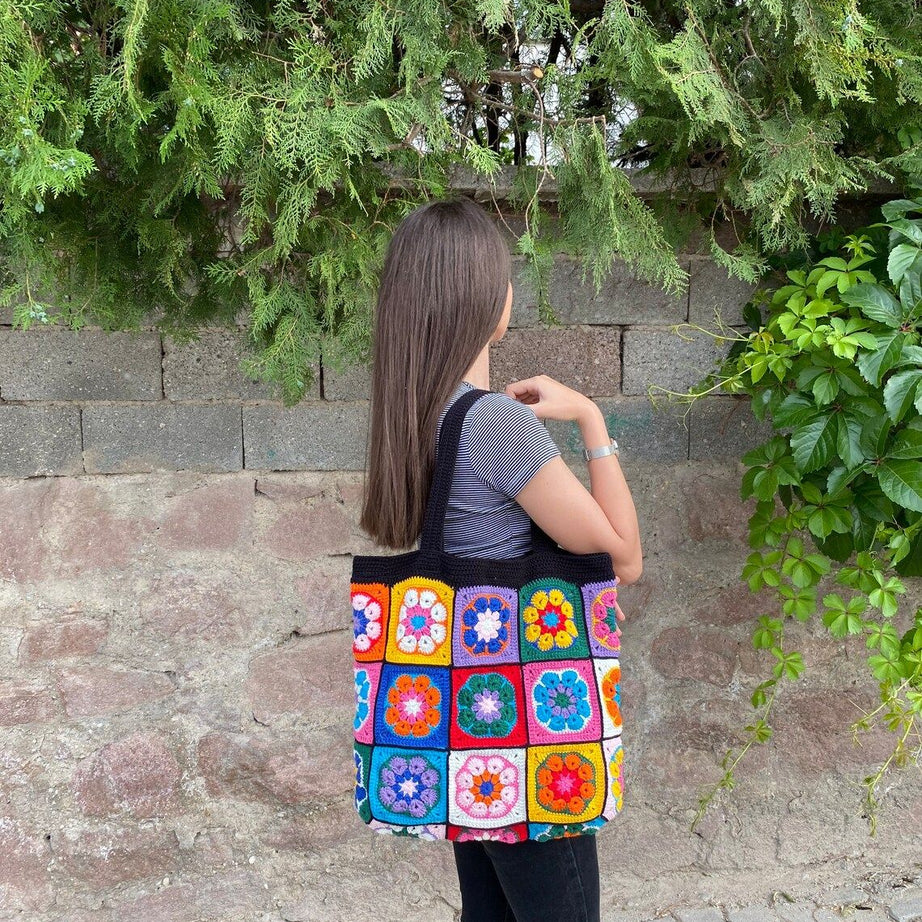 Handcrafted Black Crochet Bag For Women - Stylish Granny Square Crochet Bag - Handmade Crochet Bags For Girls - Oshi.pk - Buy & Sell Online