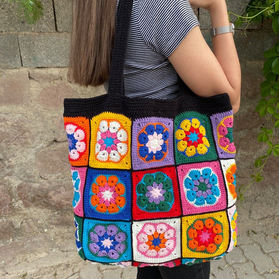 Handcrafted Black Crochet Bag For Women - Stylish Granny Square Crochet Bag - Handmade Crochet Bags For Girls - Oshi.pk - Buy & Sell Online