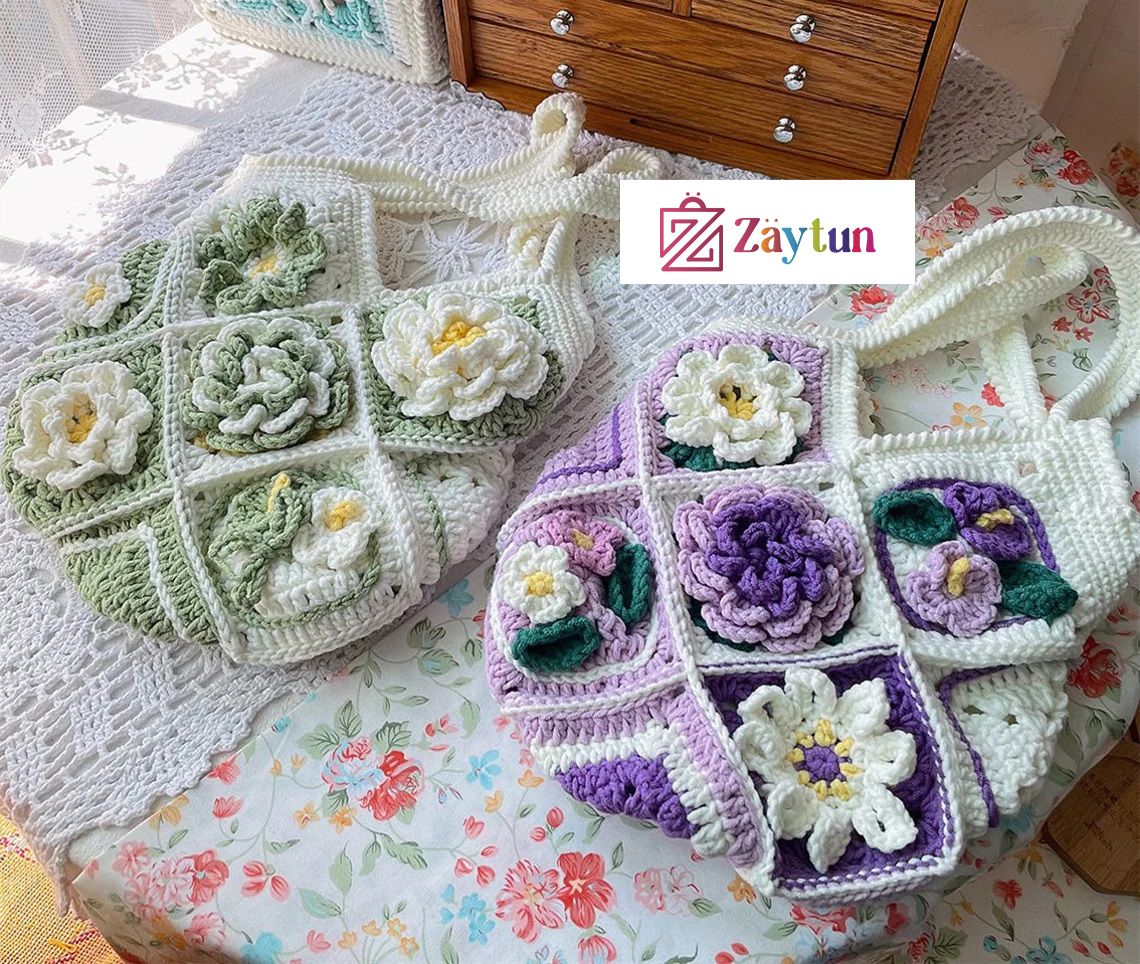 Handmade Crochet Bags with Artful Flower Patterns for Women : Crochet Bags Featuring Elegant Flower Motifs - Oshi.pk - Buy & Sell Online