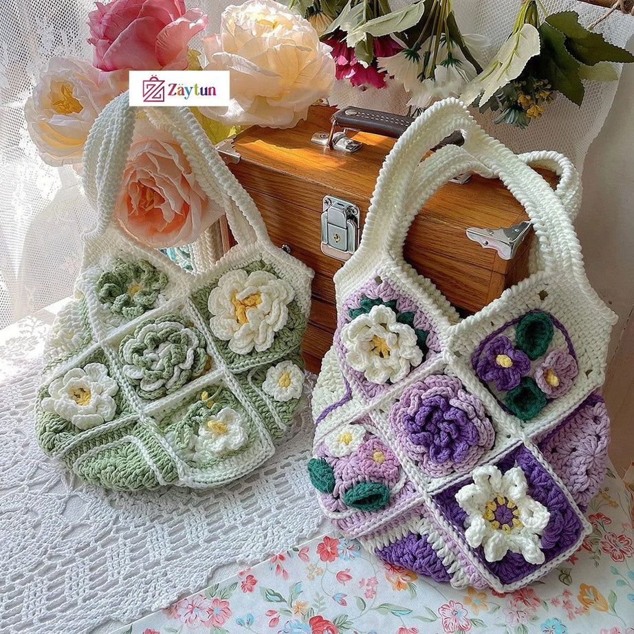 Handmade Crochet Bags with Artful Flower Patterns for Women : Crochet Bags Featuring Elegant Flower Motifs - Oshi.pk - Buy & Sell Online