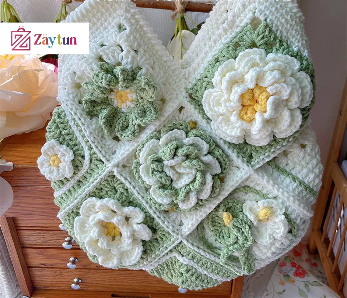 Handmade Crochet Bags with Artful Flower Patterns for Women : Crochet Bags Featuring Elegant Flower Motifs - Oshi.pk - Buy & Sell Online