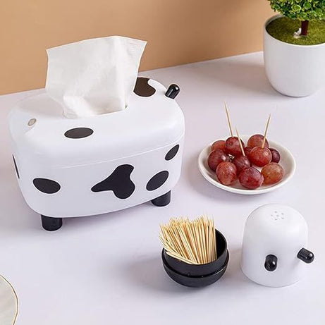 Happy Cow Tissue Box With Holder, Plastic Toothpicks Tissue Dispenser, Cartoon Cow Decorative Plastic Tissue Box, 2 in 1 Multifunctional Toothpick Hol - Oshi.pk - Buy & Sell Online