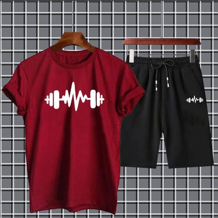 Heartbeat Dumble Printed logo maroon Summer Tracksuit For Boys & Girls T-Shirt & Shorts Gym Sports Outdoor Gaming Tracksuit for Men_Boys - Oshi.pk - Buy & Sell Online