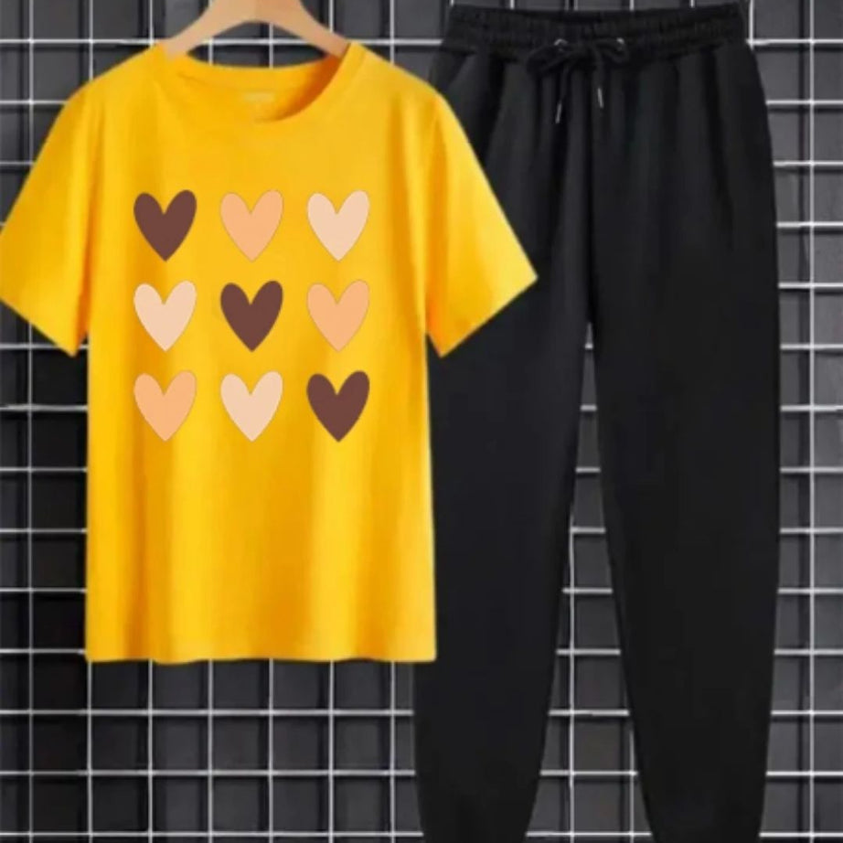 Hearts Tracksuit Summer T Shirt and Black Trouser Gym wear New printed track Women and Girl Clothing Summer Breathable and comfortable - Oshi.pk - Buy & Sell Online