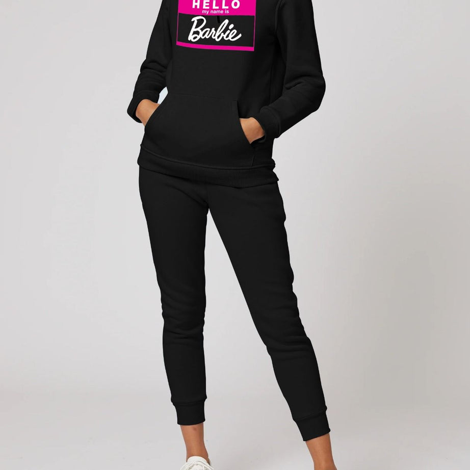 Hello My Name Is Barbie Printed Tracksuit With Black Hoodie and Trouser For Women