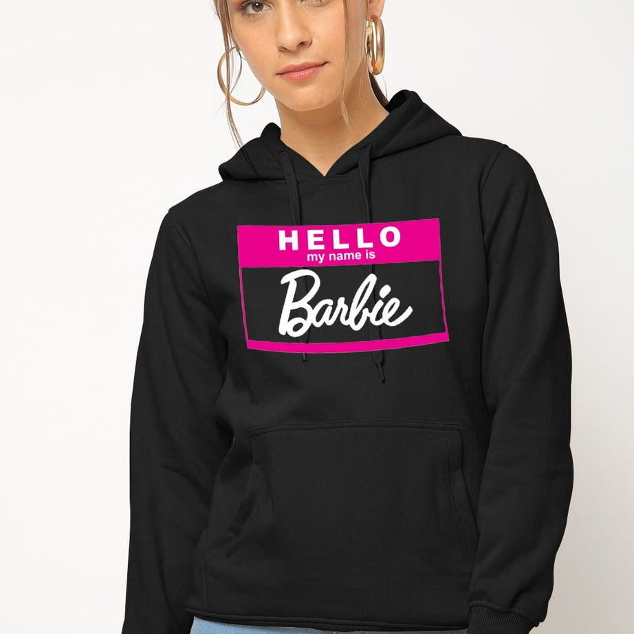 Hello My Name Is Barbie Printed Pullover Black Hoodie for women And Girls