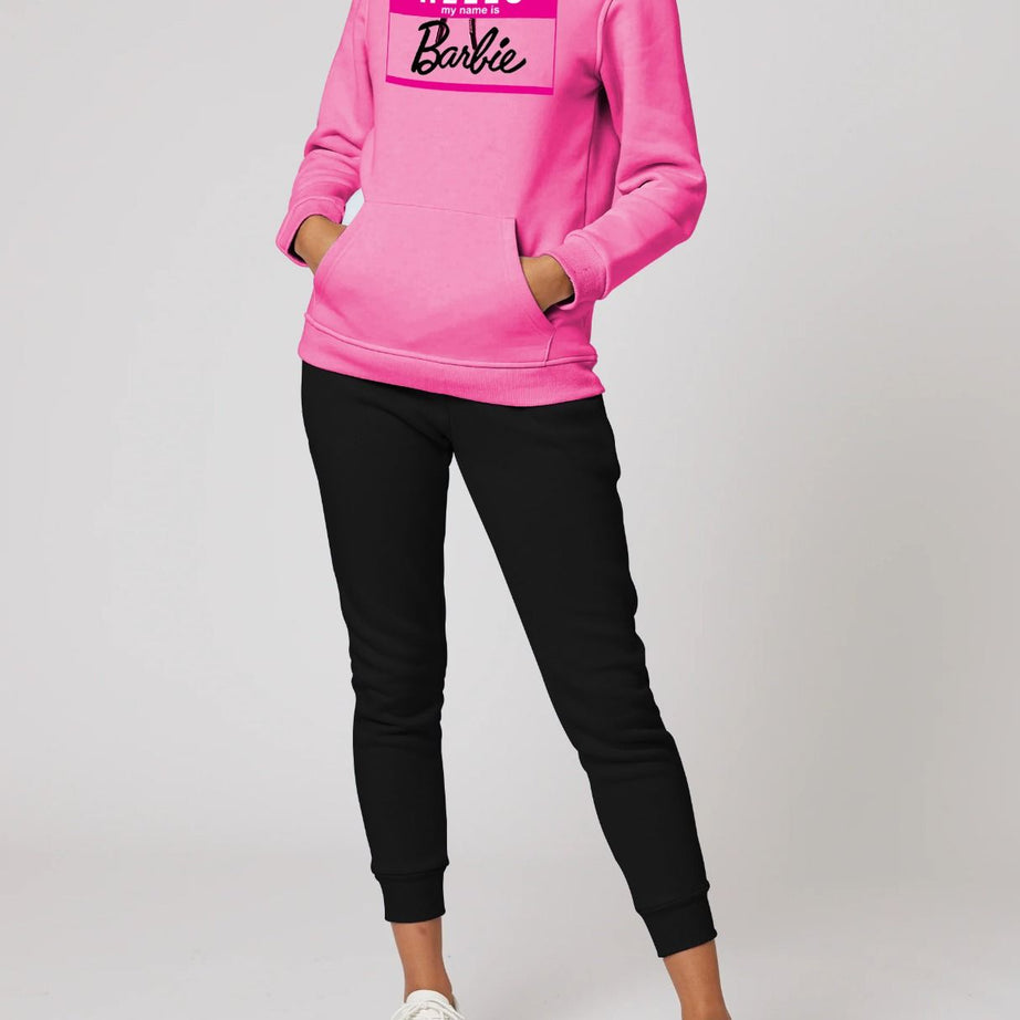 Hello My Name Is Barbie Printed Tracksuit With Pink Hoodie and Trouser For Women