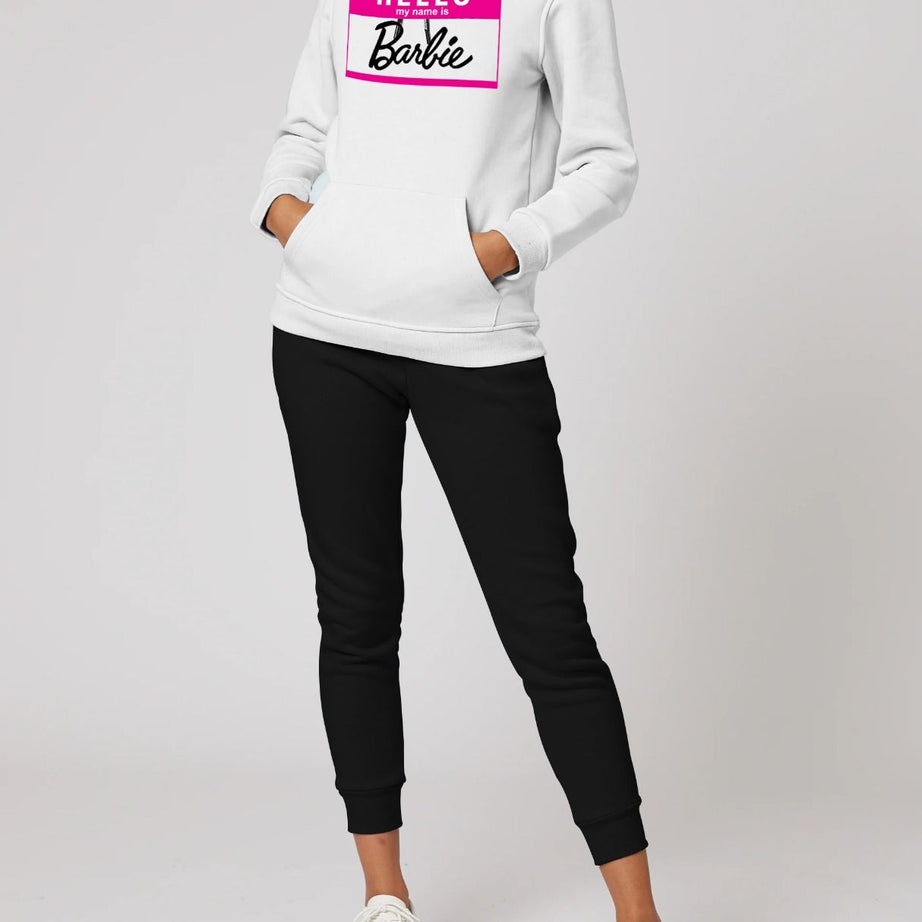 Hello My Name Is Barbie Printed Tracksuit With White Hoodie and Trouser For Women