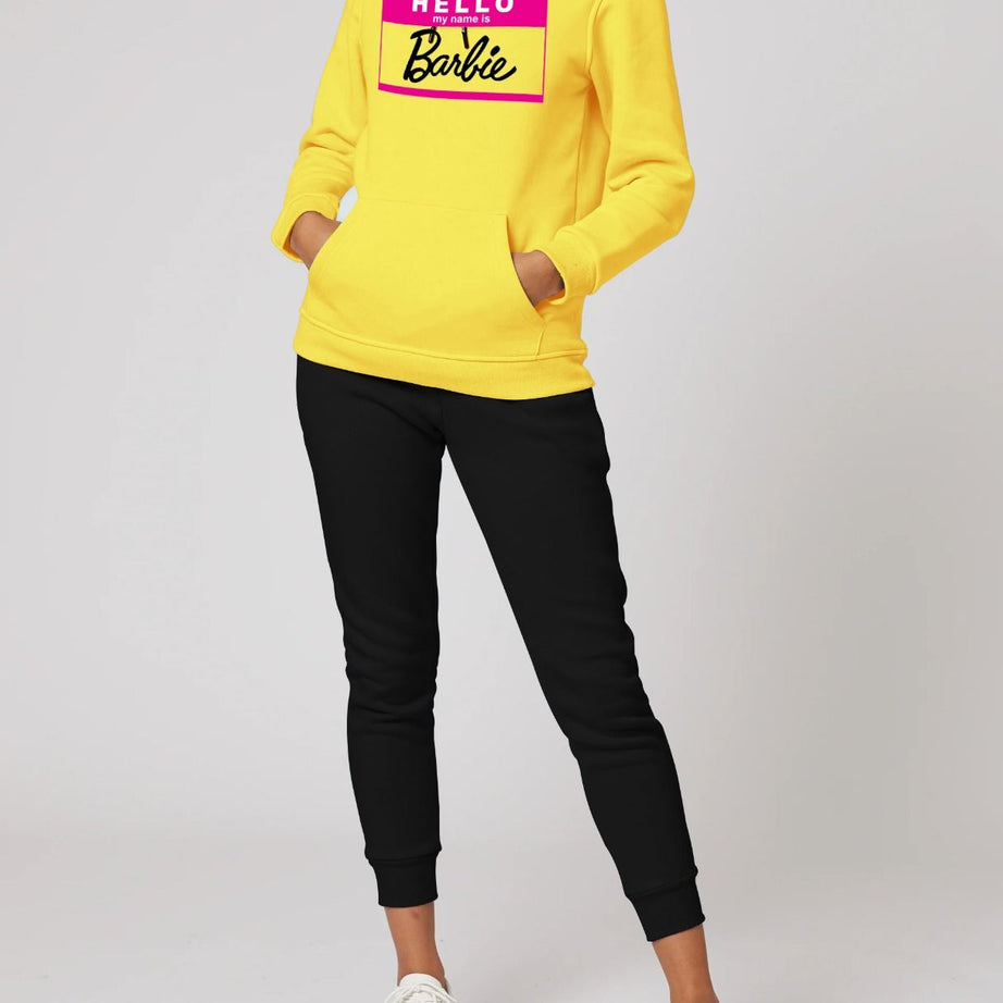 Hello My Name Is Barbie Printed Tracksuit With Yellow Hoodie and Trouser For Women